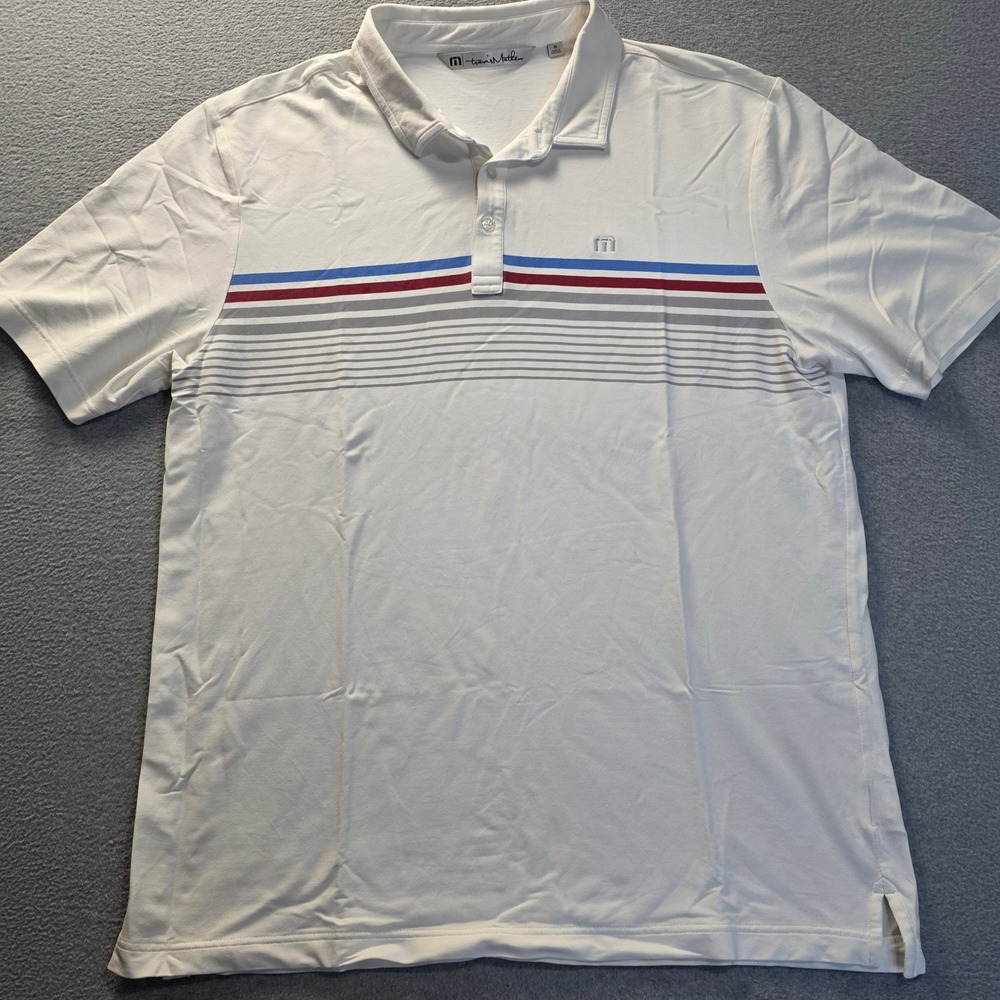 TravisMathew Golf Polo Shirt Mens XL White Performance Red Blue Chest Stripe